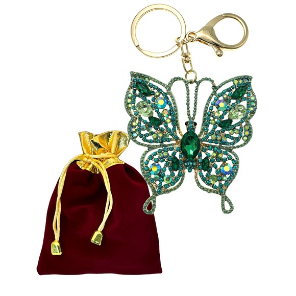 Intricate Green Butterfly Keychain Rhinestones & Gift Bag, Purse Jewelry, 5"L - Picture 2 of 5